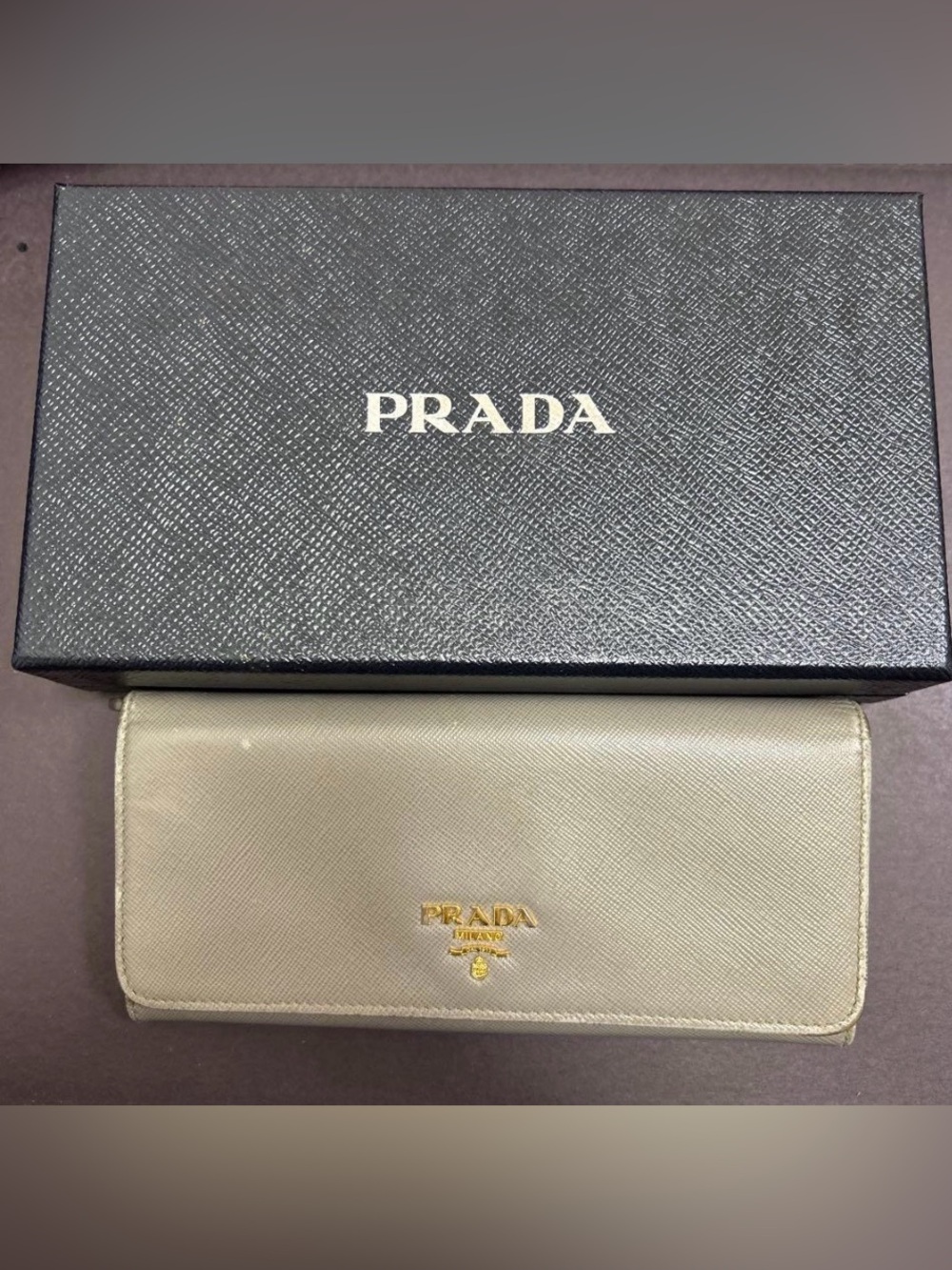 Prada Taupe Saffiano Card Wallet with Gold Logo